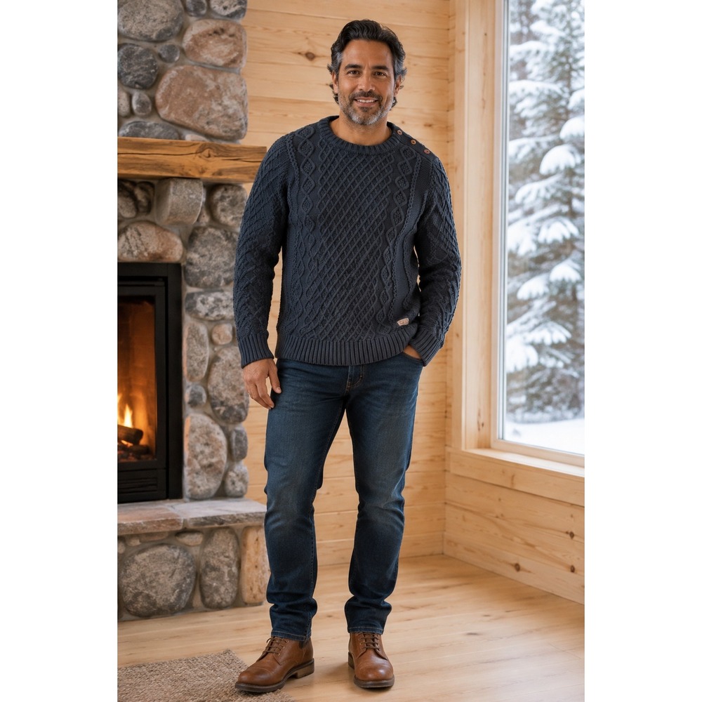 Fisherman Nautical Warm Navy Blue Bonjour Cable Knit Button Shoulder XL Sweater